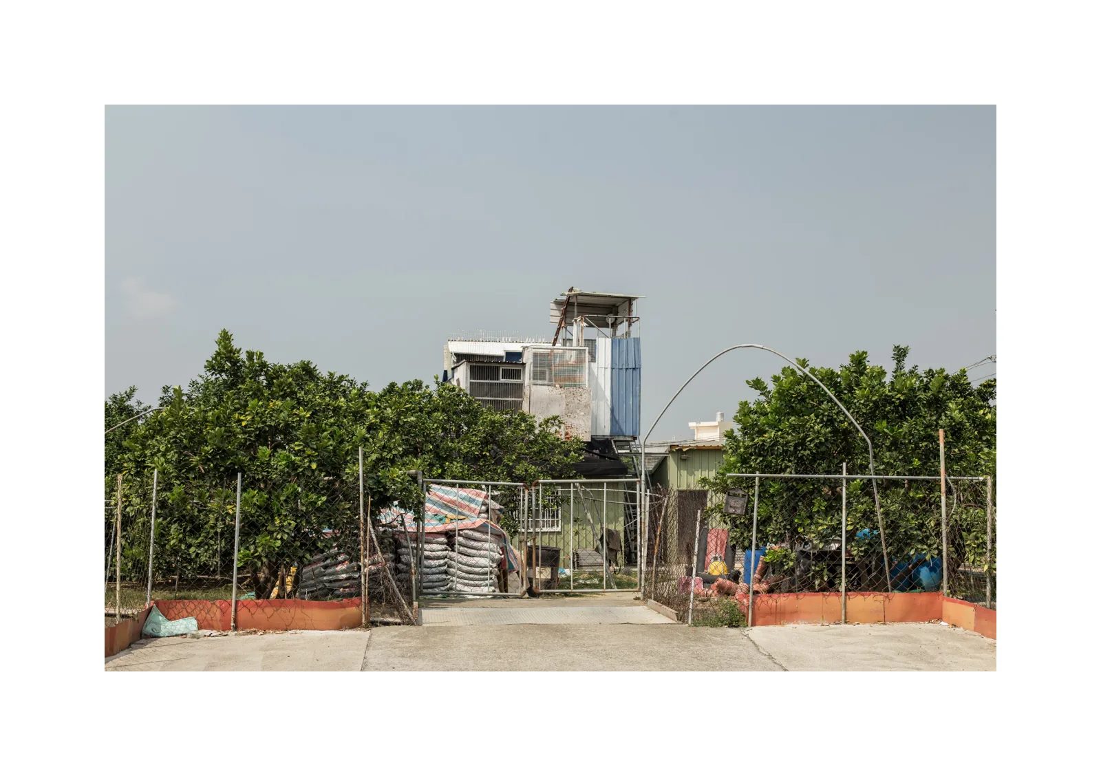 小冊子《1》第 4 頁：果樹後方立著鴿舍，前景是鐵門、圍網與道路。